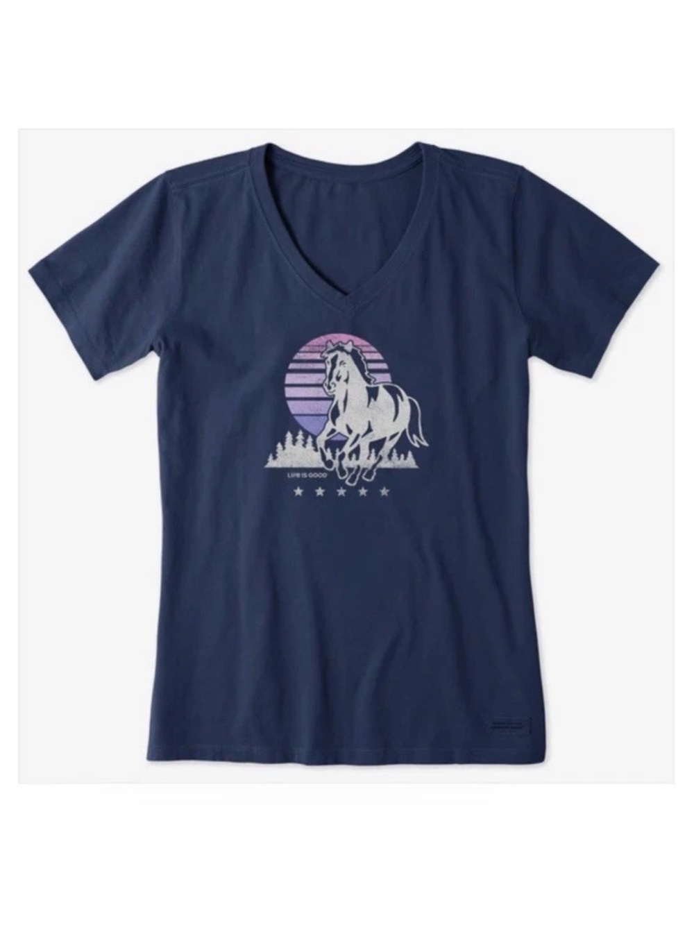 Life is Good Navy V-Neck Horse Graphic Crusher Tee Pink Accent Size L Outdoor